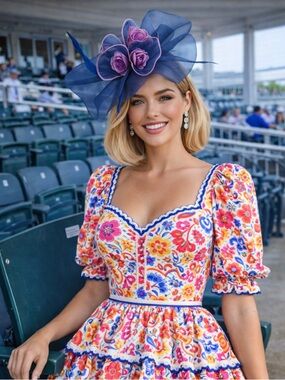 Kentucky Derby Hat New Navy Organza Floral Feather Fascinator Kentucky Oaks